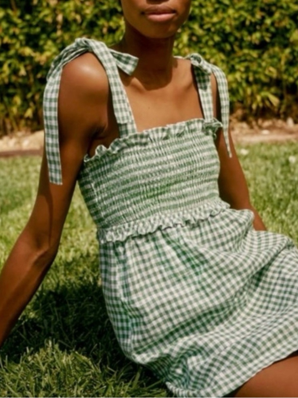 Reformation Dawson Dress - Green Gingham Smocked Tie-Shoulder Mini Dress - Picture 1 of 6